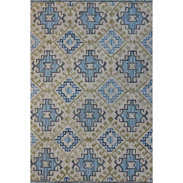 Pale Blue, Olive Green and Cream HandTufted Southwest Wool Rug