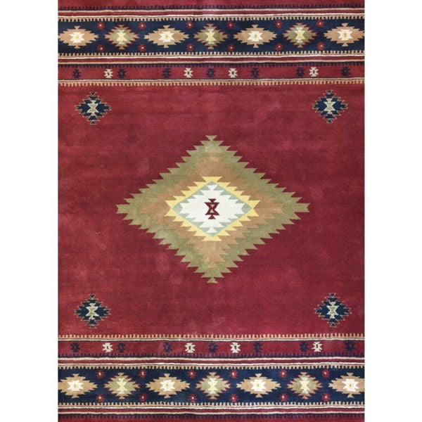 Burgundy and Navy Hand-Tufted Southwestern Wool Rug