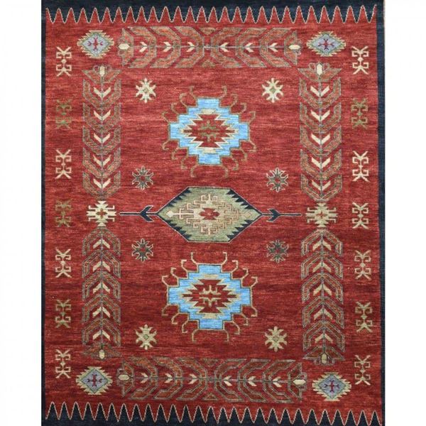 Ruddy Rust and Moss Green Hand-Knotted Tribal Wool Rug