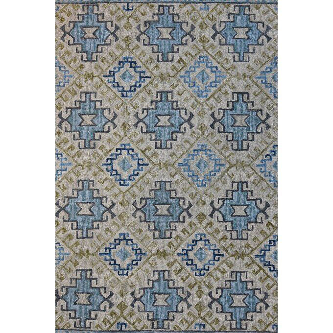 Pale Blue, Olive Green and Cream HandTufted Southwest Wool Rug
