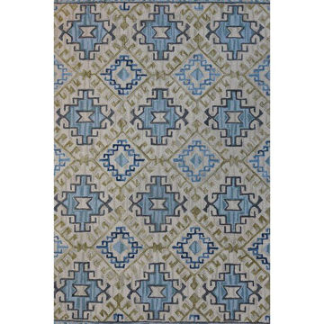 Pale Blue, Olive Green and Cream Hand-Tufted Southwest Wool Rug