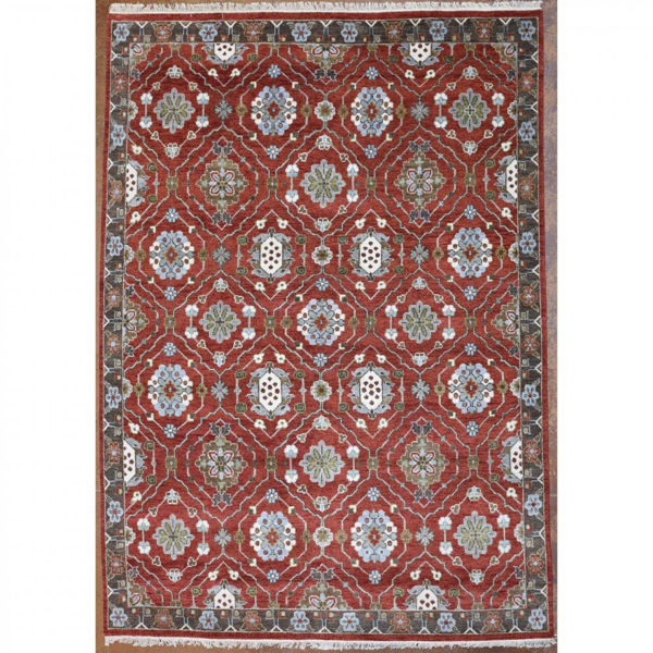 Brick Red, Pale Blue and Olive Brown Hand-Knotted Southwest Wool Rug