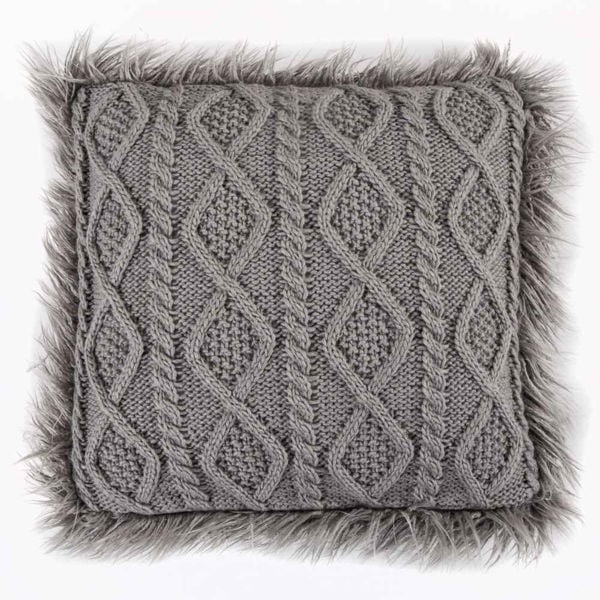 Picture of Nordic Cable Knit Mongolial Fur Pillow - Gray