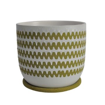 Picture of Zig-Zag 8" Ceramic Planter with Saucer - Olive