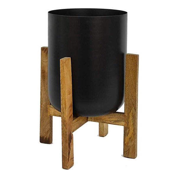Picture of Metal 11" Planter with Wood Stand - Black