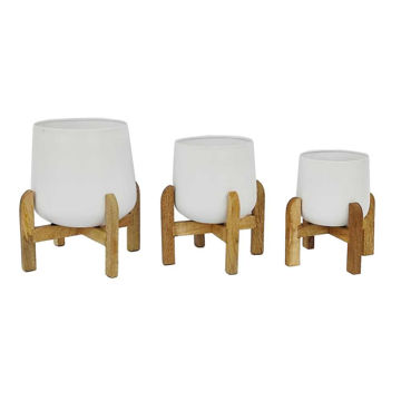Picture of Metal 9" - 10" - 12" Planter with Wood Stand - Set of 3 - White