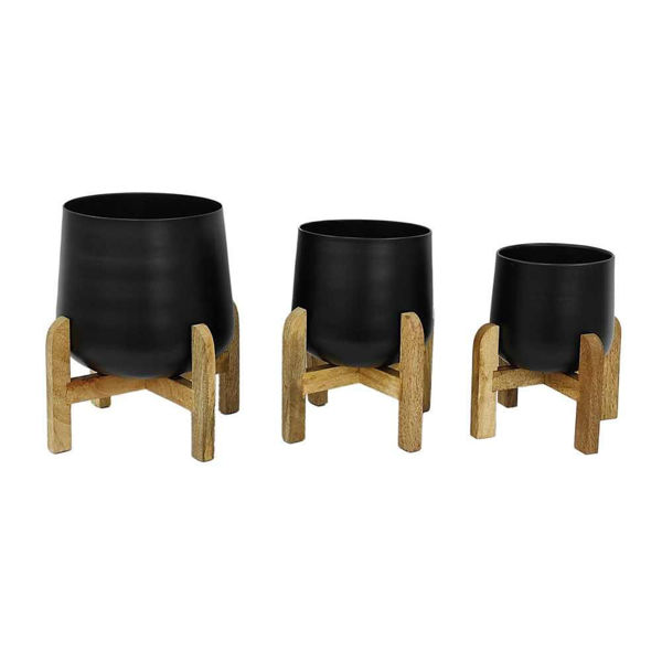 Picture of Metal 9" - 10" - 12" Planter with Wood Stand - Set of 3 - Black