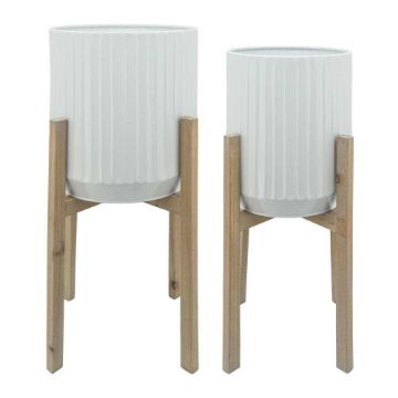 Picture of Ridged Planters in Wood Stand - Set of 2 - White