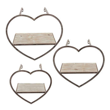 Picture of Heart Wall Shelves - Set of 3 - Metal and Wood - Natural