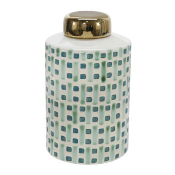 Picture of Ceramic 9" Jar with Gold Lid - Green and White