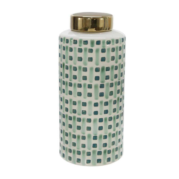 Picture of Ceramic 13" Jar with Gold Lid - Green and White
