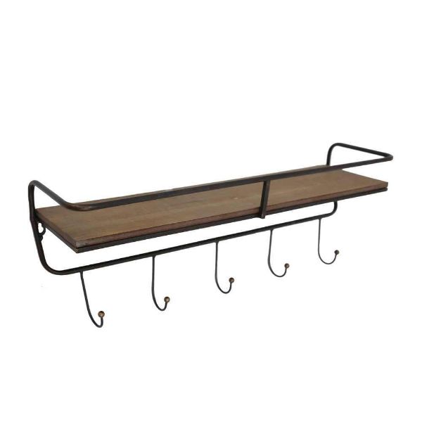 Picture of Metal and Wood 24.25" 5 Hook Wall Shelf - Brown
