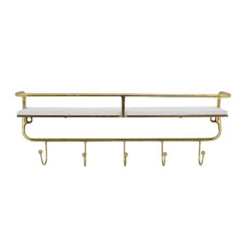 Picture of Metal and Wood 20" 5 Hook Wall Shelf - White and Gold