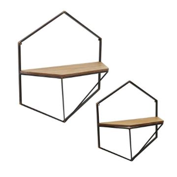 Picture of Metal and Wood Hexagon Wall Shelves - Set of 2 - Black
