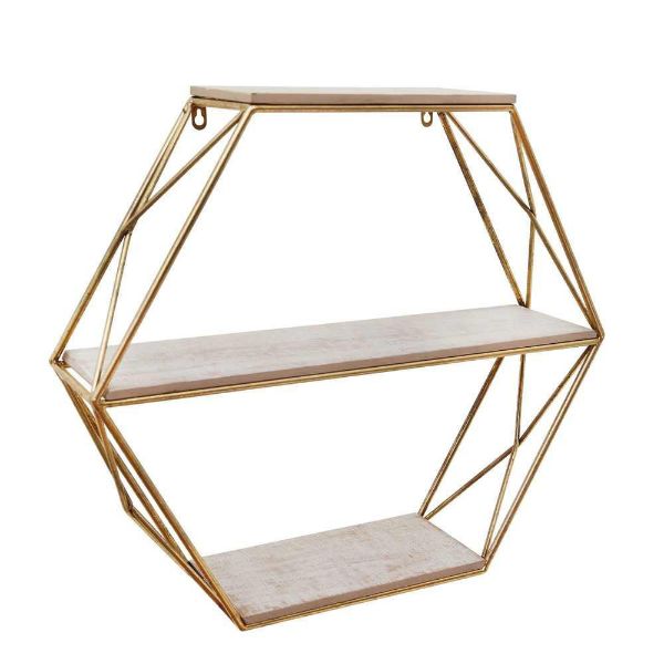 Picture of Metal and Wood 3-Tier Hexagon Wall Shelf - Gold