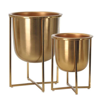Picture of Metal 13" 10" Planters on Stand - Set of 2 - Gold