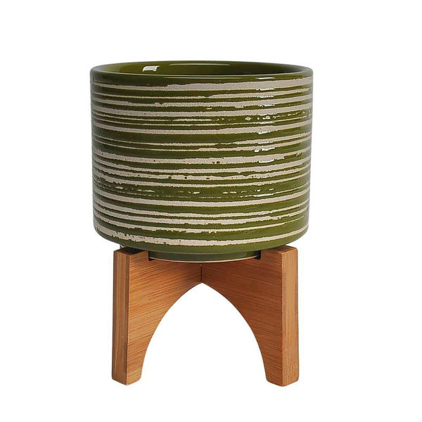 Picture of Ceramic 5" Planter on Wooden Stand - Olive