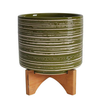 Picture of Ceramic 8" Planter on Wooden Stand - Olive