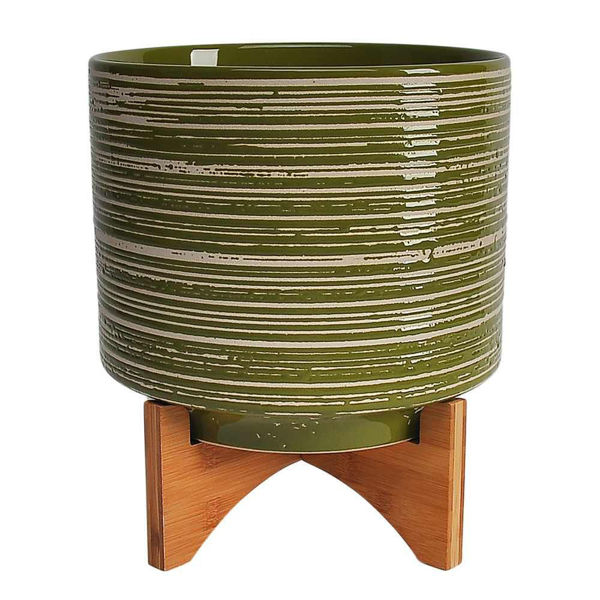 Picture of Ceramic 11" Planter on Wooden Stand - Olive