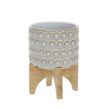 Picture of Ceramic 5" Planter on Wooden Stand - Ivory