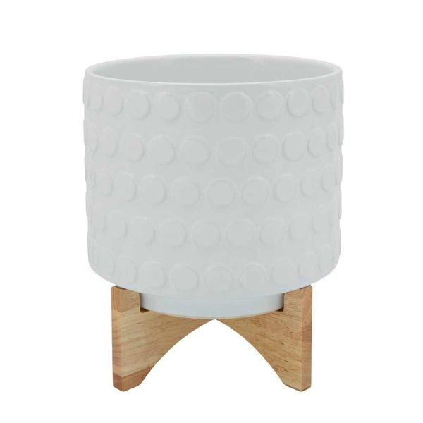 Picture of Ceramic 11" Planter on Wooden Stand - White
