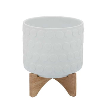 Picture of Ceramic 8" Planter on Wooden Stand - White