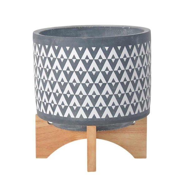Picture of Ceramic 8" Aztec Planter on Wooden Stand - Gray
