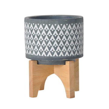 Picture of Ceramic 5" Aztec Planter on Wooden Stand - Gray