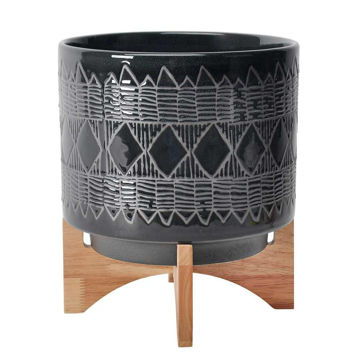 Picture of Ceramic 11" Aztec Planter on Wooden Stand - Black