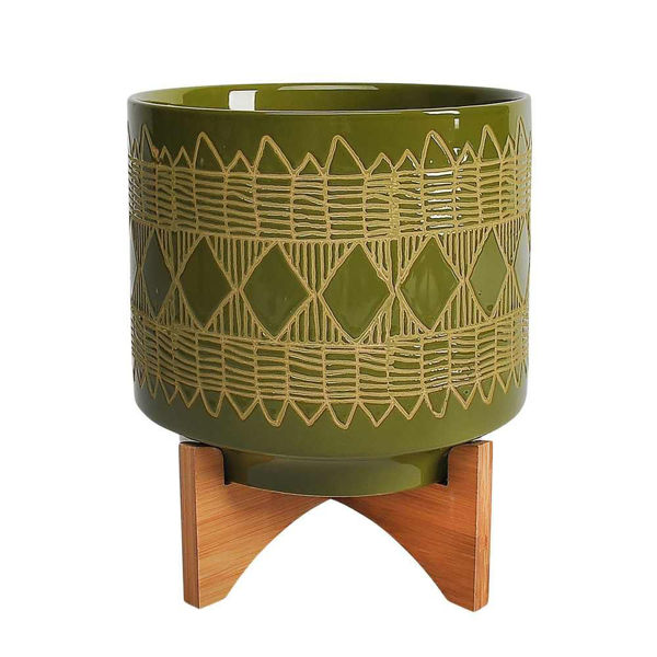Picture of Ceramic 8" Aztec Planter on Wooden Stand - Olive