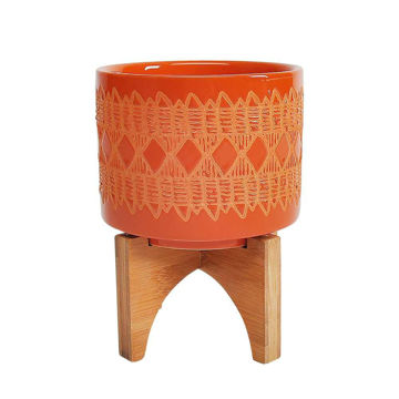 Picture of Ceramic 5" Aztec Planter on Wooden Stand - Orange