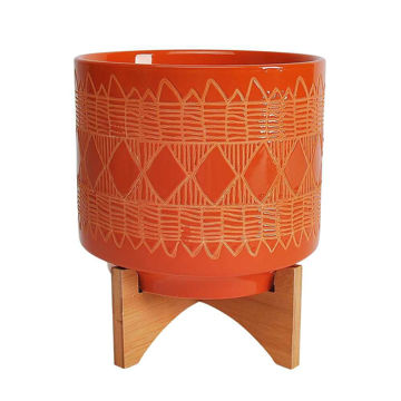 Picture of Ceramic 8" Aztec Planter on Wooden Stand - Orange