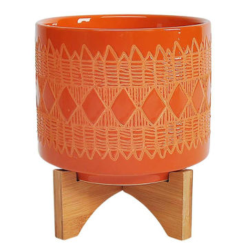 Picture of Ceramic 11" Aztec Planter on Wooden Stand - Orange