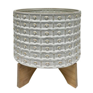 Picture of Ceramic 11" Dotted Planter with Wood Stand - Ivory