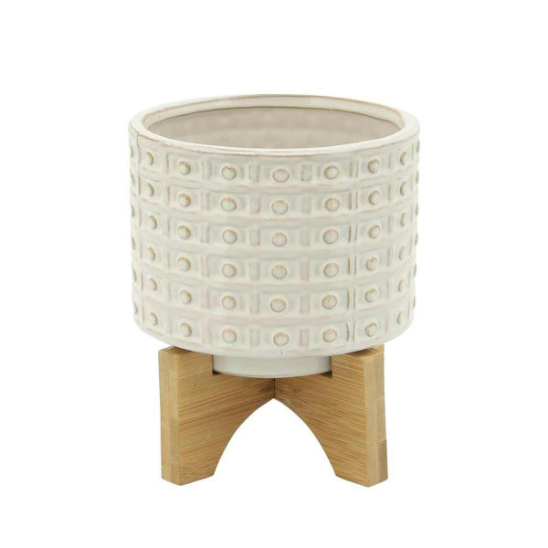 Picture of Ceramic 6" Dotted Planter with Wood Stand - Ivory