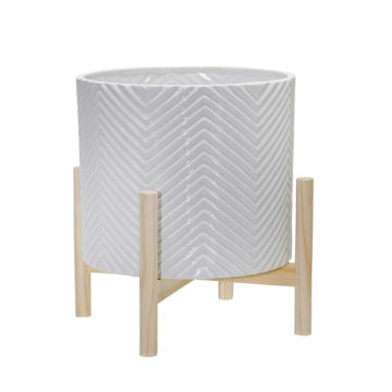 Picture of Ceramic 12" Chevron Planter with Wood Stand - Whit