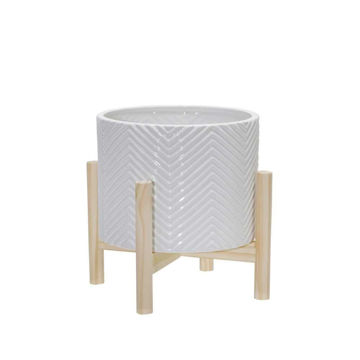 Picture of Ceramic 8" Chevron Planter with Wood Stand - White
