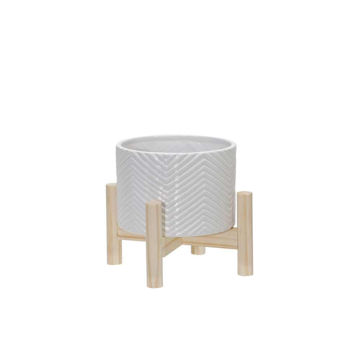 Picture of Ceramic 6" Chevron Planter with Wood Stand - White