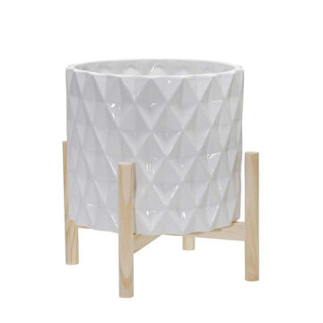 Picture of Ceramic 12" Diamond Planter with Wood Stand - Whit