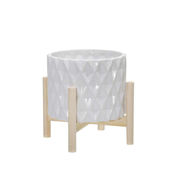 Picture of Ceramic 8" Diamond Planter with Wood Stand - White