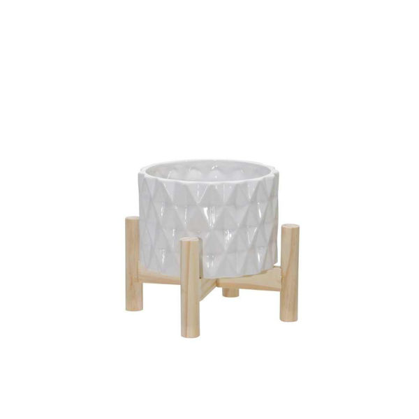 Picture of Ceramic 6" Diamond Planter with Wood Stand - White
