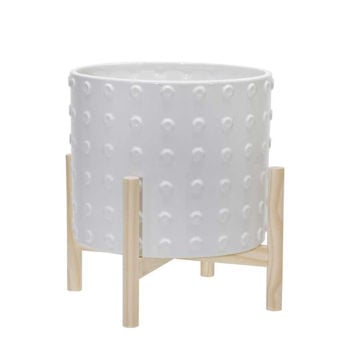 Picture of Ceramic 12" Dotted Planter with Wood Stand - White