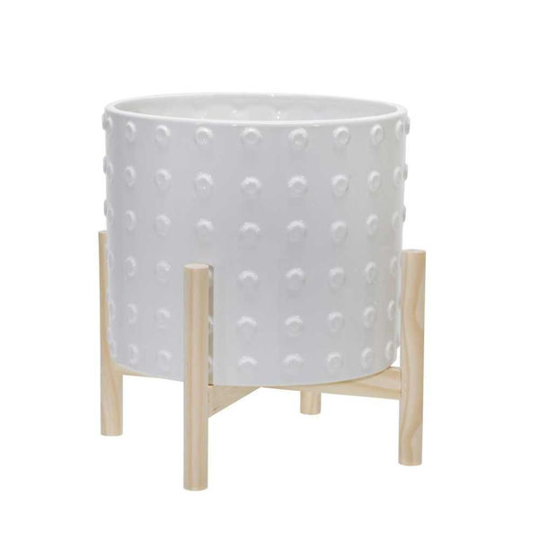 Picture of Ceramic 12" Dotted Planter with Wood Stand - White