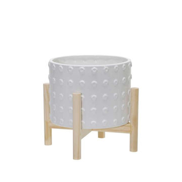 Picture of Ceramic 8" Dotted Planter with Wood Stand - White