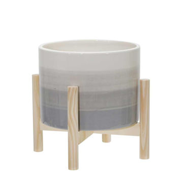 Picture of Ceramic 8" Planter with Wood Stand - Beige Mix
