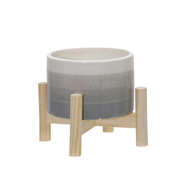 Picture of Ceramic 6" Planter with Wood Stand - Beige Mix
