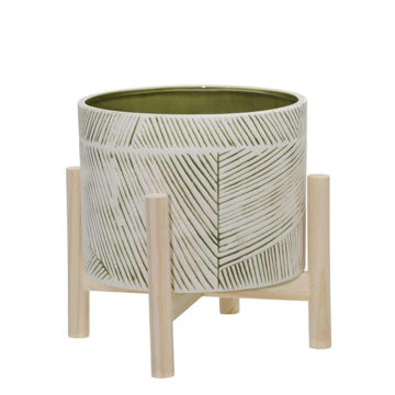 Picture of Ceramic 8" Planter with Wood Stand - Green Mix