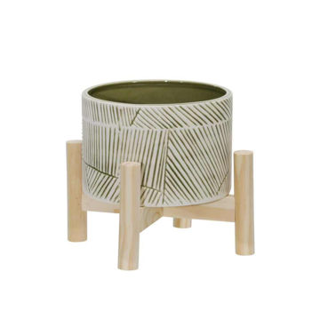 Picture of Ceramic 6" Planter with Wood Stand - Green Mix