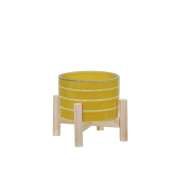 Picture of Ceramic 6" Striped Planter with Wood Stand - Yello