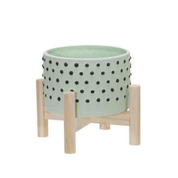 Picture of Ceramic 6" Dotted Planter with Wood Stand - Green